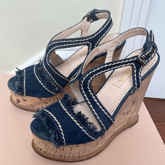 Prada | Denim Fringe Cork Wedges Size 37 Blue White Stitched - Picture 2 of 12